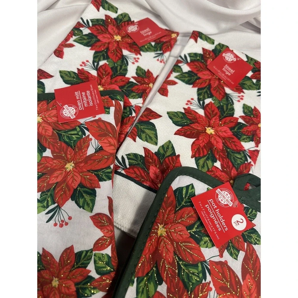 christmas‎ house kitchen set 2 towels 2 pot holders 1 oven mitt